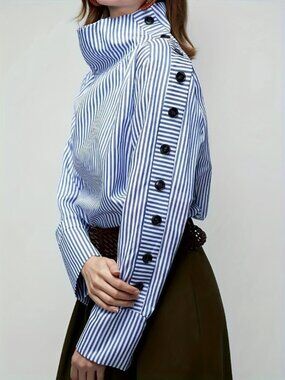 Striped Button Detail Sleeve Mock Neck Blouse